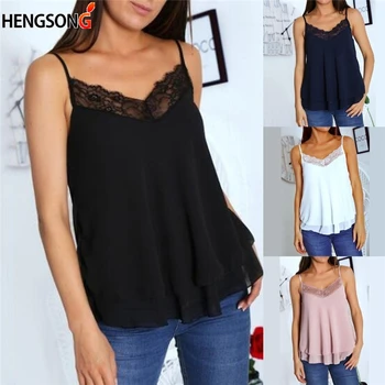 

2019 Summer New V-Neck Lace Up Patchwork Sleeveless Tank Camis Tops Female Sweet Princess Tank Tops Camis for women