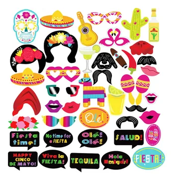 

Besegad 43PCS DIY Reusable Mexican Theme Photo Booth Props with Sticks Dot Glues Picture Selfie Frame Photography Booth Toy