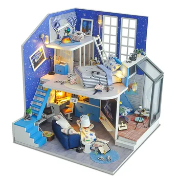 

Miniature Starry Sky Dollhouse Furniture Accessories Kits DIY Wooden Dolls House With Lights Puzzle Toy Children Birthday Gift
