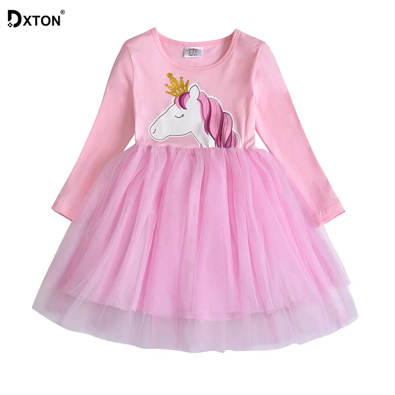 

Dxton Unicorn Children Dress Long Sleeve Girl Dresses Cartoon Girl Clothing Pattern Kids Dress for Girl Patchwork Fille Robe