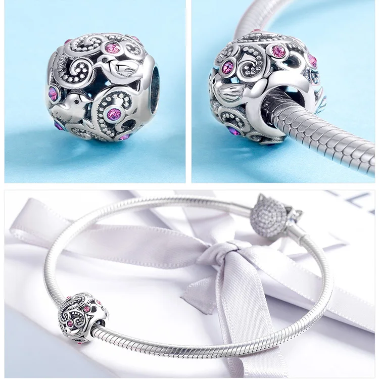 925 Silver fit Pandora Bracelet Pink Zircon Goat Deer Penguin Green Clover Tree Box Beads White&Blue CZ Heart Shell Anchor Charm