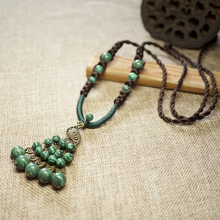 

Pure Handmade Exotic Jewelry Green Peacock Stone long bohemian necklace ,New Ethnic national vintage statementnecklace