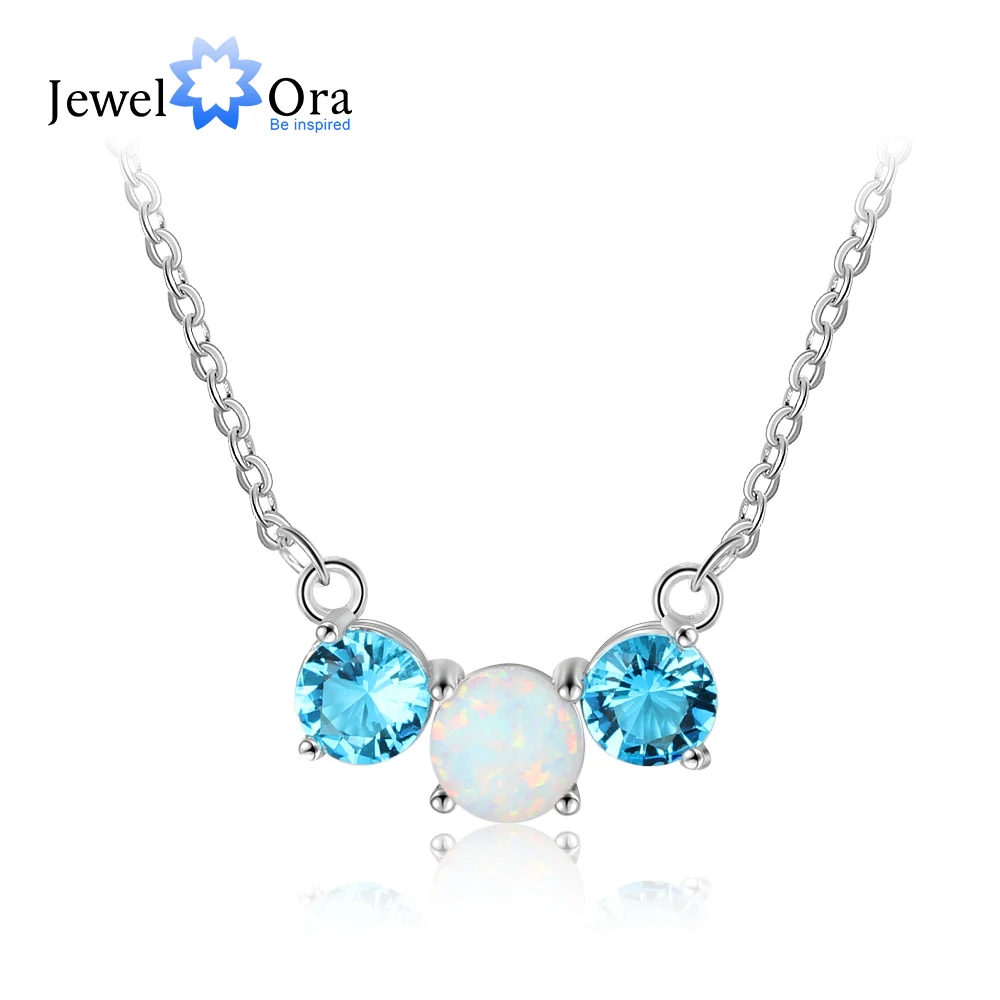 

Three Circles Opal Stone With Blue CZ Pendants Necklaces For Women 925 Sterling Silver Party Jewelry (JewelOra NE103153)