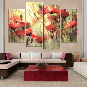 

Unframed 4 Pcs red abstract Flowers Modular Wall Paintings Good Quality Cuadros Decoracion Canvas Pictures For Living Room