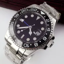 Top Marca De Luxo 43mm Parnis Mostrador Preto de cerâmica Vidro De Safira Bezel GMT Luminous marcas Caso SS Homens Automáticos de Movimento Assista