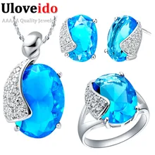 Uloveido свадебные комплекты ювелирных изделий серебряный цвет кулон ожерелье серьги кольцо синие фиолетовые Кристальные украшения набор комплекты ювелирных украшений T060