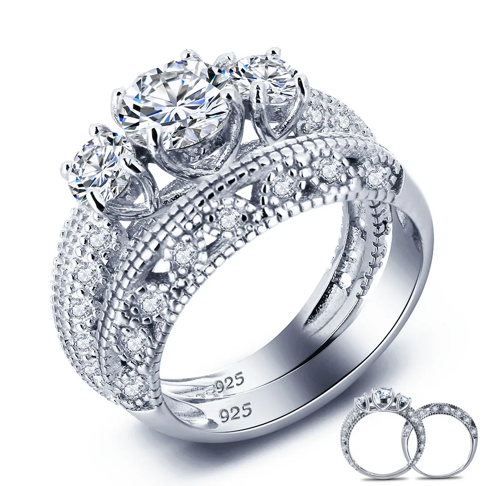 vintage style victorian art deco 15 ct created solid sterling 925 silver 2 pcs wedding engagement ring set yr0005 - Vintage Style Wedding Rings vintage style victorian art deco 15 ct created solid sterling 925 silver 2 pcs wedding engagement ring set yr0005 - Vintage Style Wedding Rings