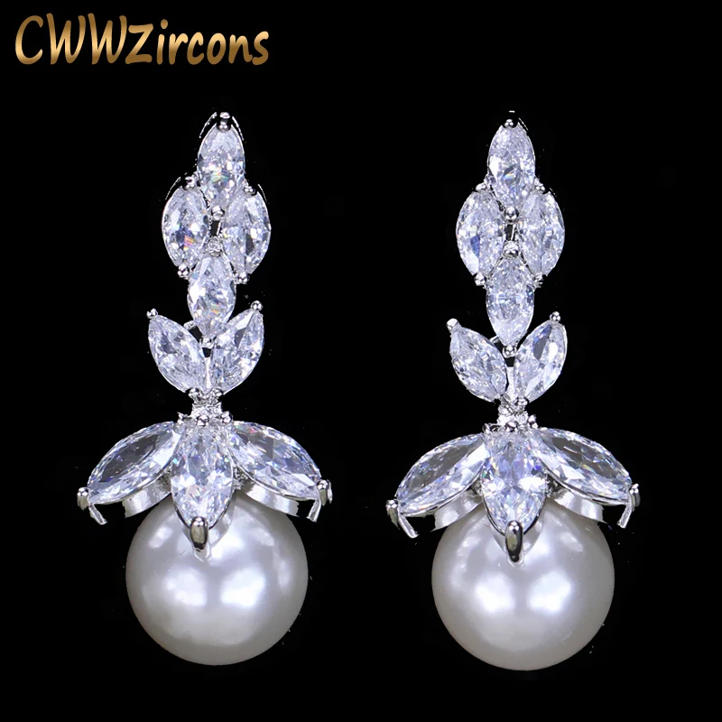 

CWWZircons Top Quality Bling Marquise Cut Cubic Zirconia Stone Big Wedding Party Pearl Drop Earrings Jewelry For Women CZ131