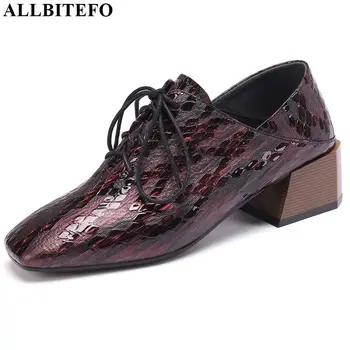 

ALLBITEFO hot sale printing genuine leather high thick heel shoes fashion girl women heels spring autumn ladies high heels