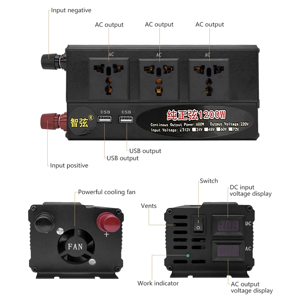 SUNYIMA 1200W czysta fala sinusoidalna inwerter DC12V/24 V/48 V do AC220V 50HZ podwójny wyświetlacz cyfrowy podwójny przełącznik USB konwerter zasilania Booster SUNYIMA 1200W czysta fala sinusoidalna inwerter DC12V/24 V/48 V do AC220V 50HZ podwójny wyświetlacz cyfrowy podwójny przełącznik USB konwerter zasilania Booster