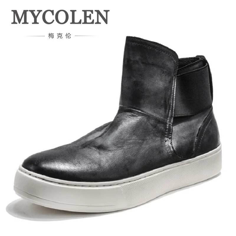 

MYCOLEN Man Round Toe Chelsea Boots Casual Slip On Leather Ankle Boots Mens Boots Winter Heighten Shoes Black Botas Moto Hombre