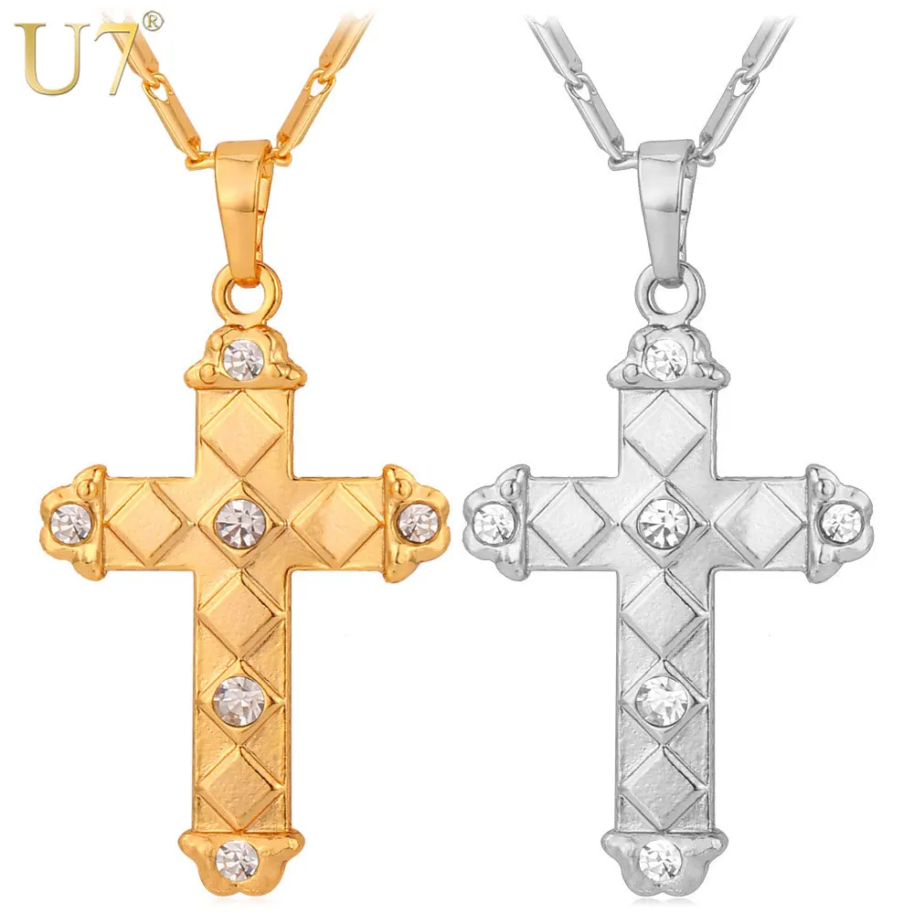 

U7 Latin Cross Necklace Trendy Gold/Silver Color Wholesale Rhinestone Pendant Necklace For Women/Men Jewelry P500