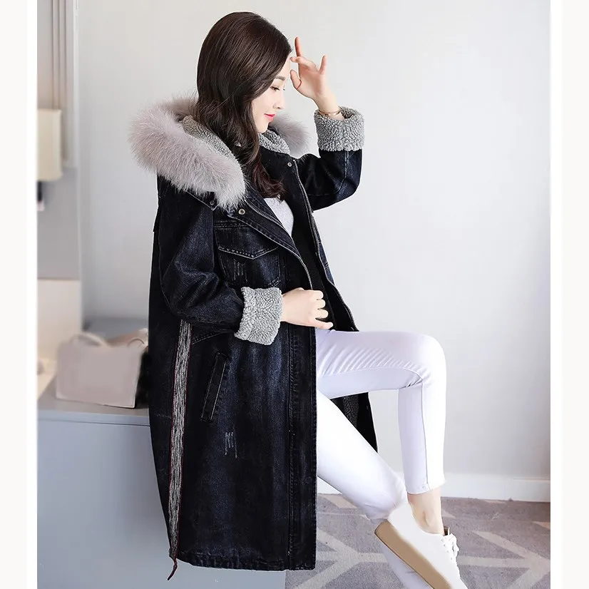D'agneau Denim En Grande Veste Bleu Longue Manteau Coton Hiver Vestes Jean Femmes Boyfriend Taille Épais Style Parkas Lâche p1fBxwFBq