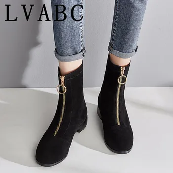 

LVABC 2019 Women Ankle Boots Platform Zipper Cow Suede Fashion Elegant Square High Heel Women Motorcycle Boots Big Size 33-43