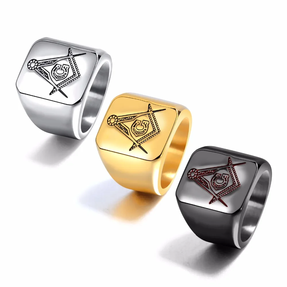 

Men's Stainless Steel masonic ring icon Hip Hop Big Band Ring Silver Black Gold Square Shape Punk Gothic Retro GJ628