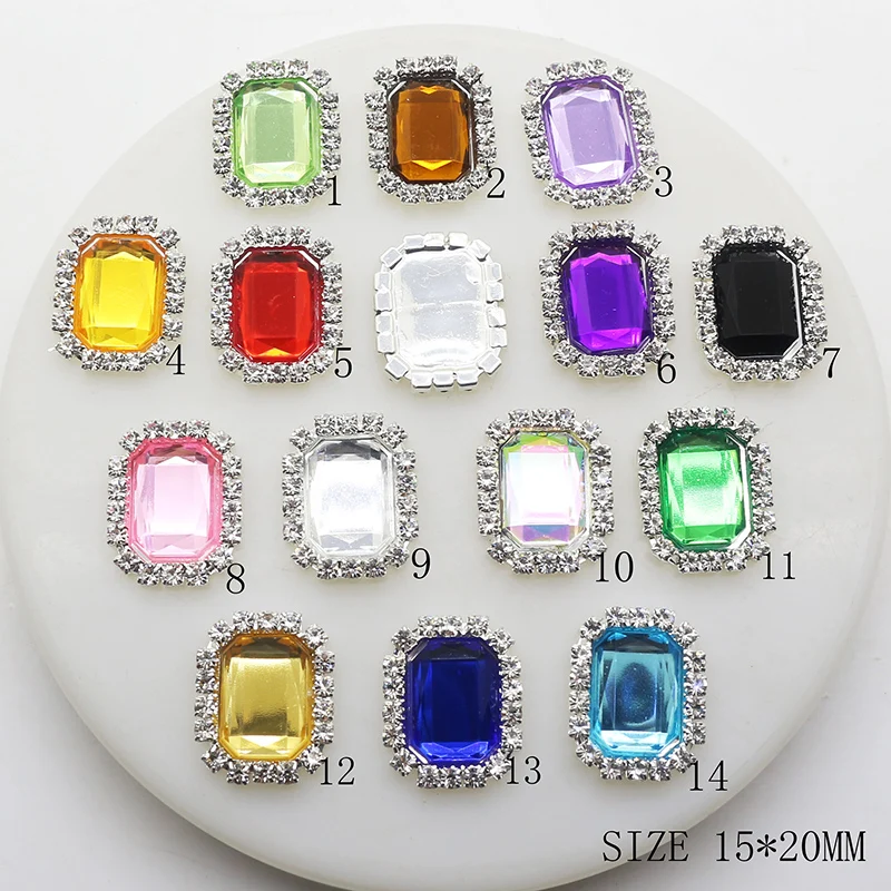 

10pcs/set 15mm*20mm Rectangle Acrylic Rhinestone Buttons Flatback Metal for Embellishments Hairbow Center Decor Shir Buttons
