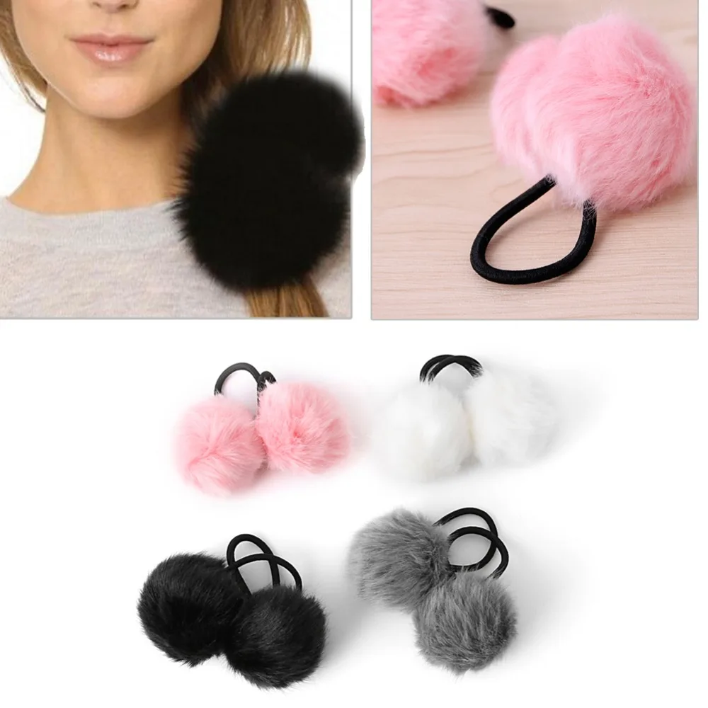 Lovely Faux Rabbit Fur Pompom Ball Hair Scrunchie Elastic Ponytail