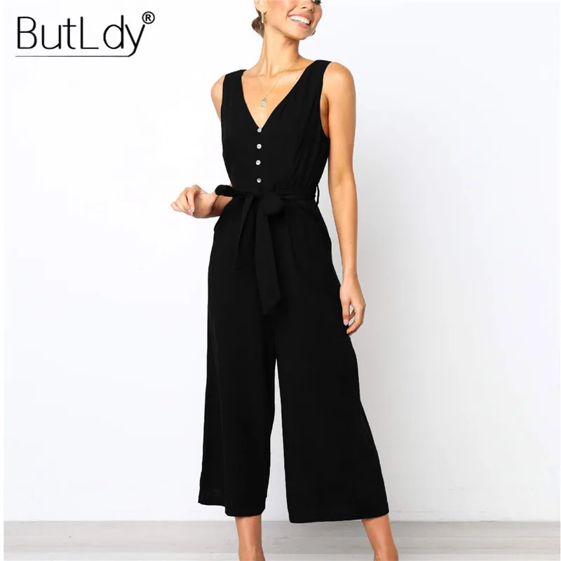 الصيف 2019 واسعة الساق بذلة المرأة عارية الذراعين عارضة الشاطئ حللا والسروال القصير مثير V الرقبة طويلة فضفاضة ارتداءها مستقيم وزرة