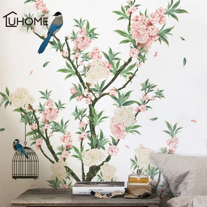 Preise Charming Romantische Apricot Blume Wand Aufkleber für Wohnzimmer Apricot Baum Vögel Wand Aufkleber Schlafzimmer Sofa Dekoration Wand Kunst