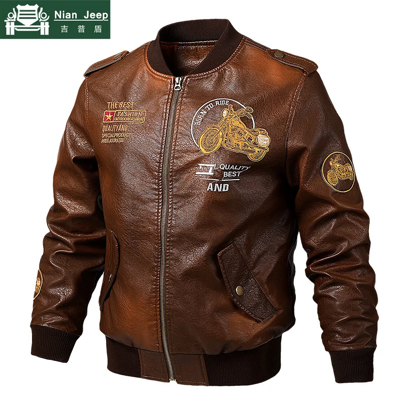 

New Embroidery PU Leather Jacket Men Spring Autumn Motorcycle Style Bomber Pilot Jacket Outwear Windproof Jackets Size M-5XL