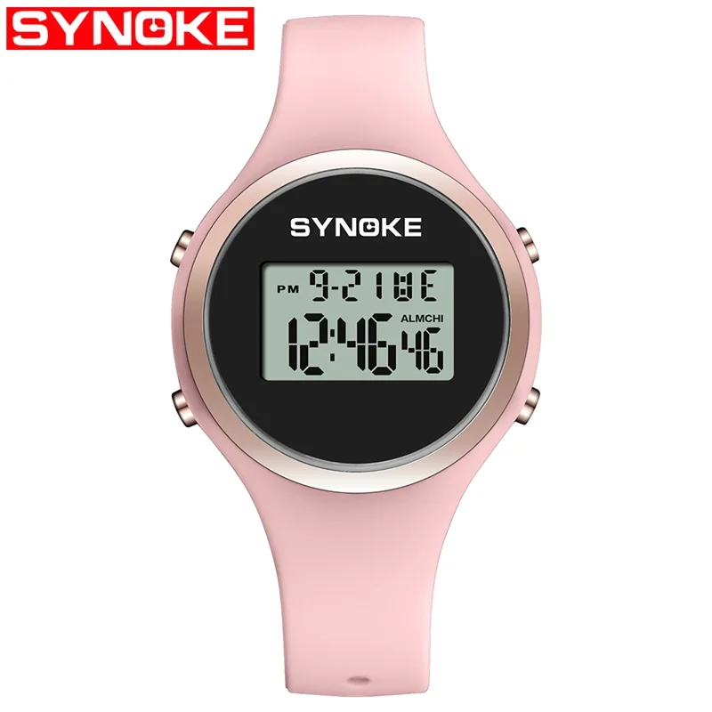 SYNOKE Women Sport Watch Pink Silicone Digital Candy Color Alarm Chronograph Multifunction Fashion Gril Wristwatch - Цвет: Pink