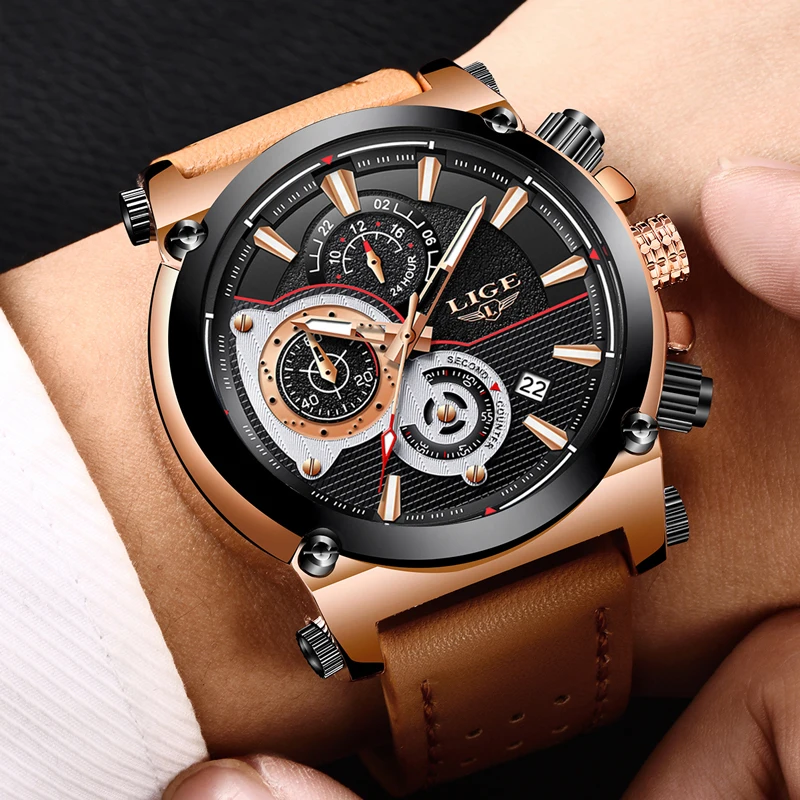  2018 LIGE Mens Watches Top Brand Luxury 24 hour Date Quartz Watch Man Leather Big dial Sport Wrist Watch Men Waterproof Clock