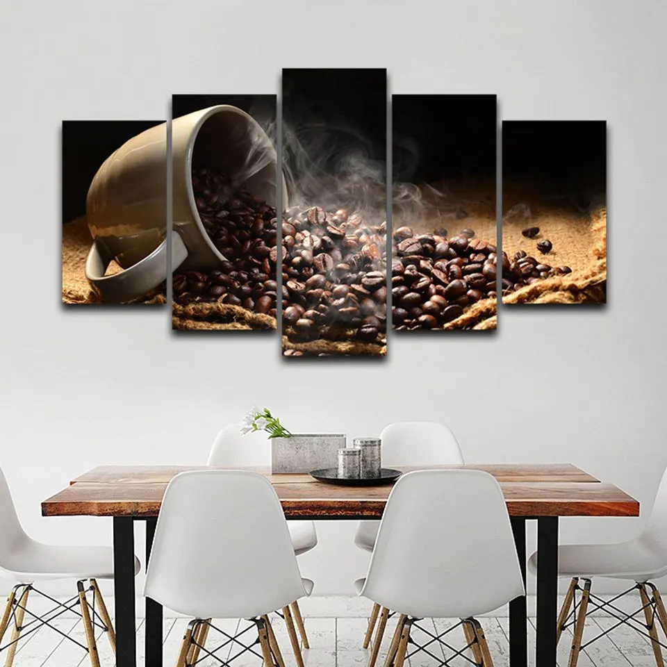 Canvas Painting Kitchen Wall Art 5 Pieces Fragrant Coffee Beans Pictures Modular HD Print Poster Restaurant Home Decor Framework | Дом и сад