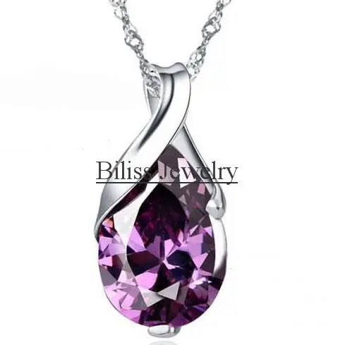 2014 Fashion Jewelry Silver Chain Purple Crystal Teardrop Pendant Necklace for Women Ladies Birthday Gifts