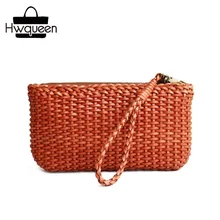 Вязанный дизайнерский кошелек из натуральной коровьей кожи для девочек, женская маленькая тканая сумка-браслет, винтажная женская сумка ручной работы, женские клатчи на день, кошелек