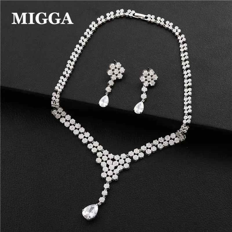 

MIGGA High Quality Cubic Zircon Jewelry Set for Women Bride Wedding Engagement CZ Stones Necklace Earrings