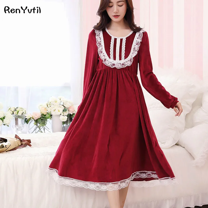 RenYvtil Velvet New Vintage Nightgowns Sleepshirts Elegant Lady Dresses ...
