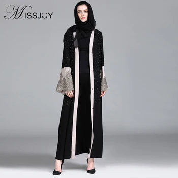 

MISSJOY 2018 Autumn Muslim cardigan Full sleeve V-neck turkish islamic embroidered diamond drilling Ankle-Length Casual dress