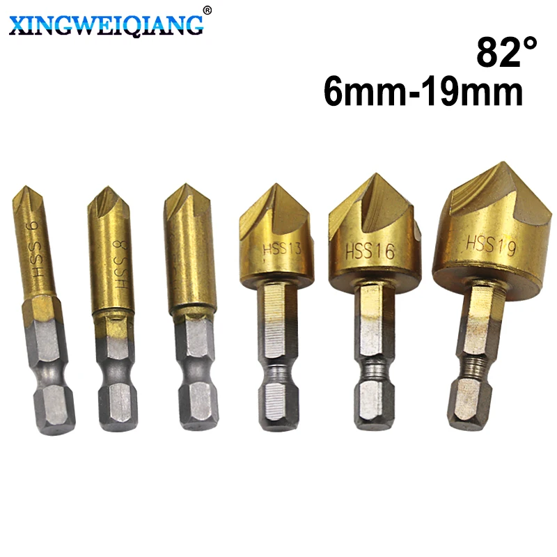 6 шт. 5 флейт фаска зенкер 1/" шестигранный хвостовик HSS 90 градусов дерево фаска резак 6 мм-19 мм Зенковка сверло