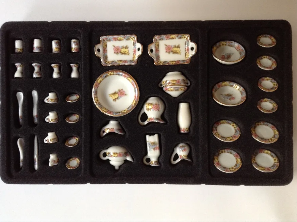 1:12, милый мини кукольный домик, миниатюрный кухонный белый китайский керамический цветочный чайный и столовый набор, 40 шт
