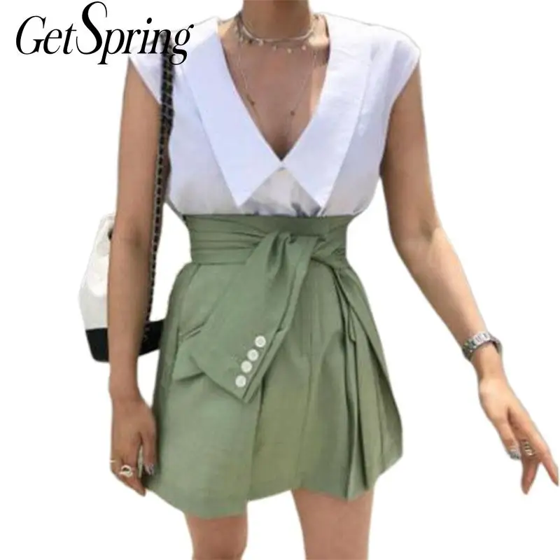 

GETSRING Women Set Deep V Neck Sleeveless White Shirt With Bandage High Waist Mini Skirt 2 Piece Set Fashion Top And Skirt Set