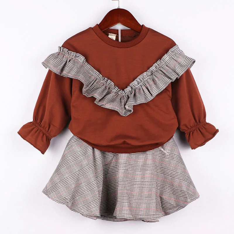 Комплект осенней одежды для детей; коричневый пуловер с длинными рукавами; рубашка и клетчатая юбка; Повседневный детский комплект одежды из 2 предметов для девочек
