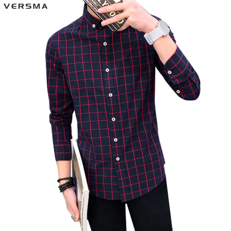 Prix VERSMA 2017 Mens Designer Casual Chemises Régulière Fit Robe Chemise 100 Coton À Carreaux Bleu Chemise Mince À Manches Longues Casual Male chemises