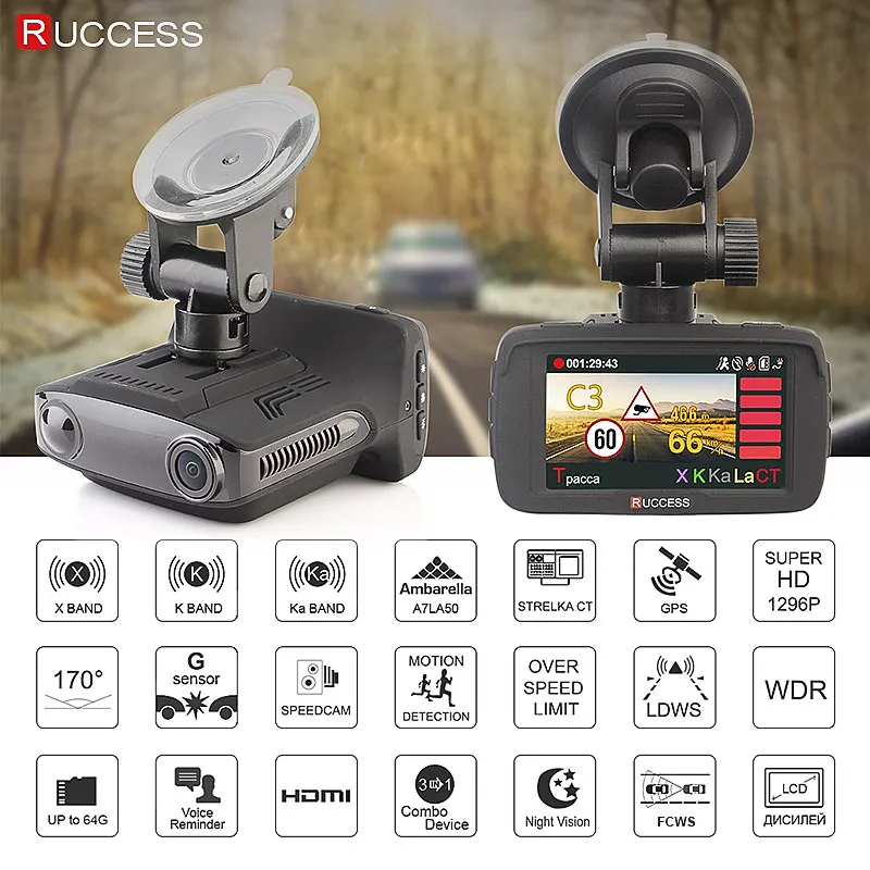  RUCCESS Ambarella A7LA50D DVR 3 in 1 Full HD 1080P Video Recorder Anti GPS Radar Detector 1296P Car