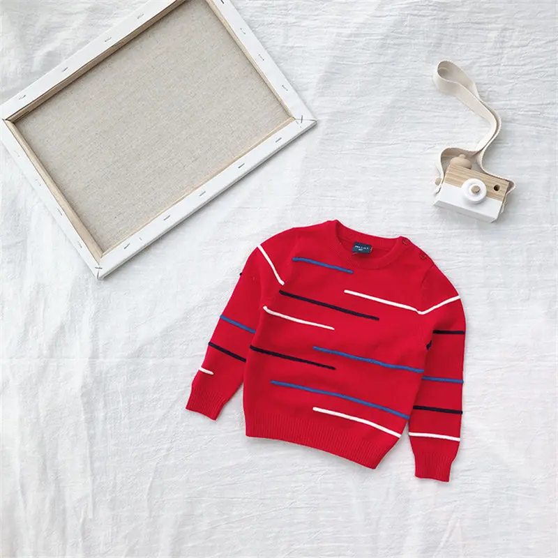 Свитер в полоску для маленьких мальчиков; детский пуловер с круглым воротником и пряжкой на плече; кардиган; хлопковый свитер в полоску в стиле пэчворк с принтом; сезон весна - Цвет: Red