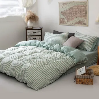 

Japanese Style Comforter Cotton Bedding Set/Striped Duvet Cover/Flat Fitted Sheet/Pillowcase/Twin Queen King Size Beddings