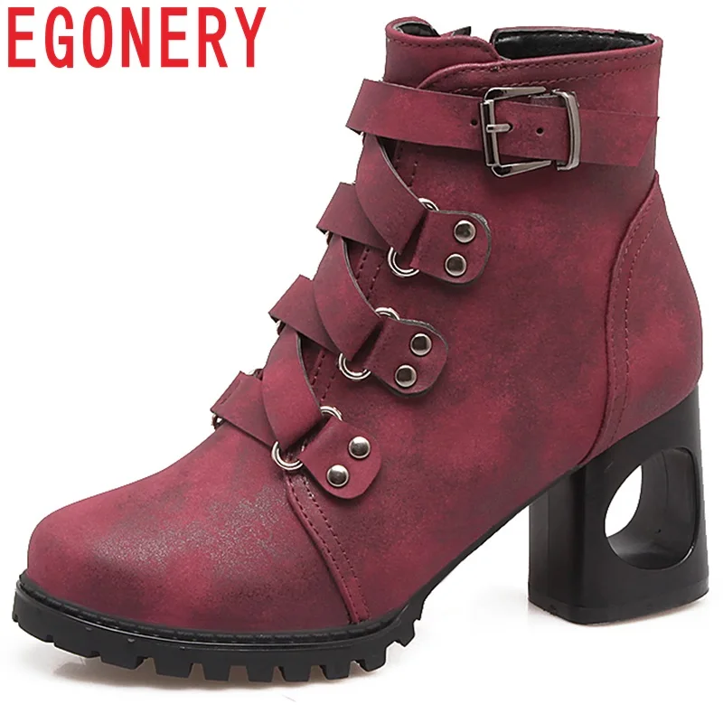 

EGONERY woman Martin Booties 2018 Autumn Winter Plush girl riding 7.5cm Strange Style high heels PU Motorcycle ankle boots shoes