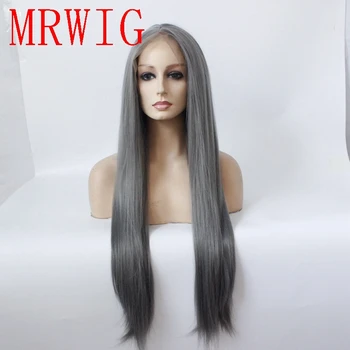 

MRWIG natural looking straight dark grey glueless front lace wig long hair 26in synthetic cosplay middle part for fashion lady
