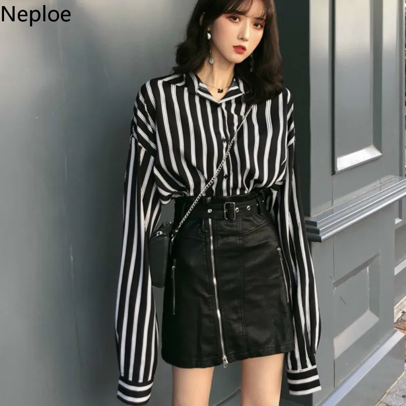

Neploe Women Sets 2019 New Arrivals Black Two Pieces Outfits Long Sleeve Striped Shirts Tops Skirt with Belt Matching Sets 38886