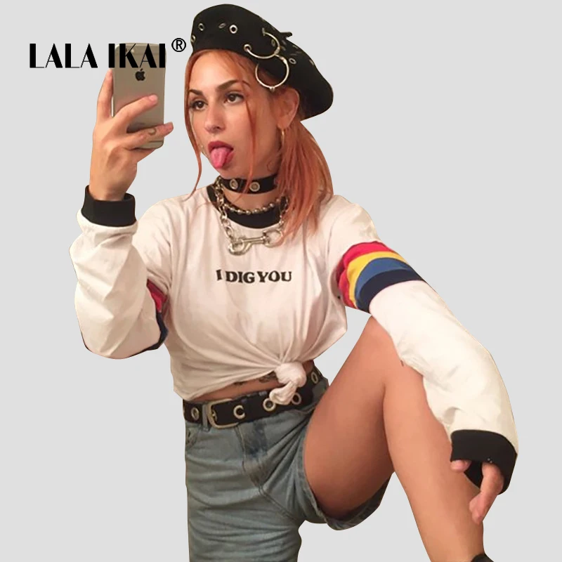 LALAIKAI Ins High Street укороченный Топ для женщин с длинным рукавом Радуга печатных