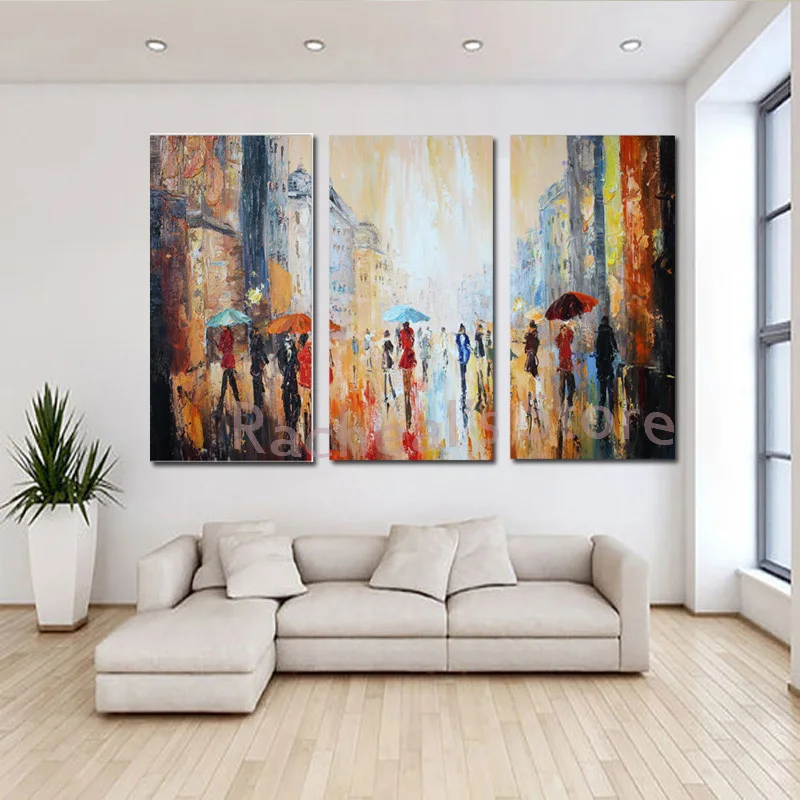 

Hand Painted Abstract Rainy Street Landscape Oil Painting 3 pieces/set people with umbrella in the rain Wall Picture Painting
