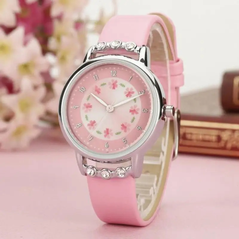 Детские часы, повседневные Модные студенческие часы с милыми цветами, водонепроницаемые кварцевые наручные часы с ремешком из искусственной кожи для девочек - Цвет: Pink