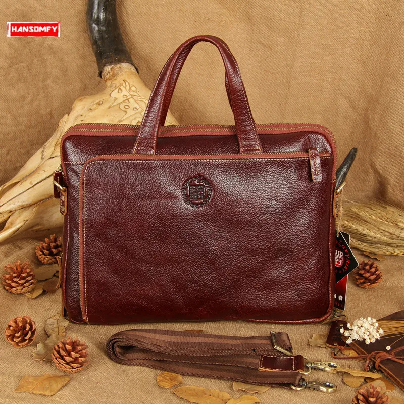 

Handmade genuine leather men handbag business multi-pocket computer men casual shoulder messenger bag retro 14" laptop briefcase