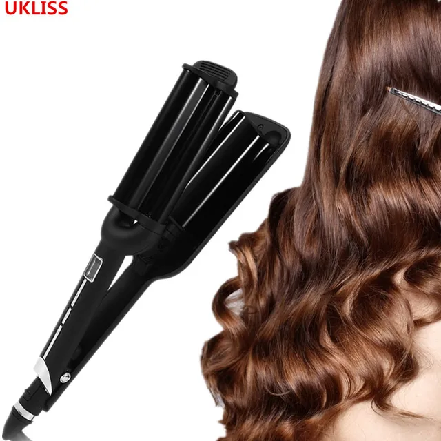 UKLISS 32mm Deep Wave Hair Curling Irons Ceramic Triple Barrel Big Wave