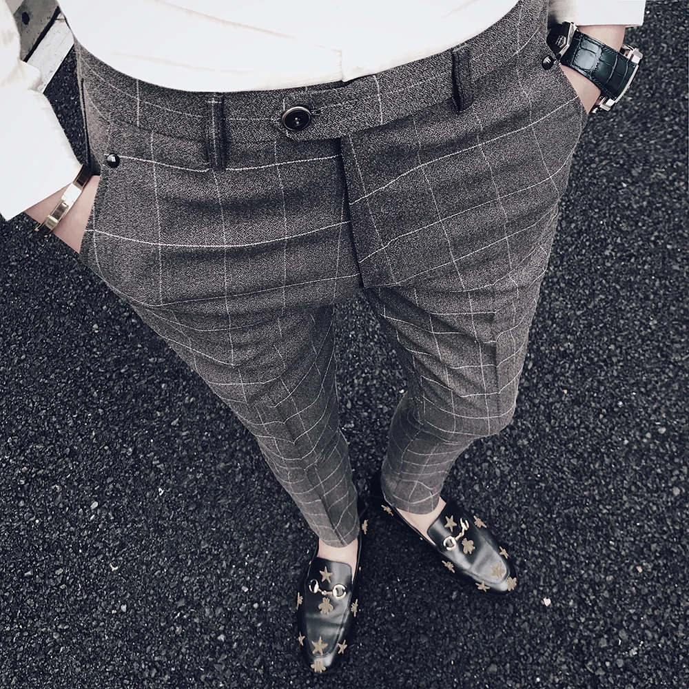 

Brand Men's Casual Pencil Pants men Business Straight Elastic Thick Plaid cotton gray trousers male British black cargo pants