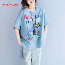 Женские свободные за Размеры d футболки для женщин; Большие размеры летний топ корейской моды короткий рукав Kawaii Cat хлопковая Футболка розовый, синий